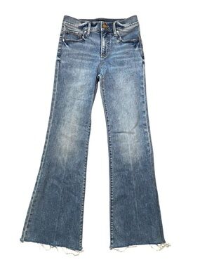 Express Distressed Hem Light Wash 70s Mid Rise Flare Jeans